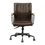 Leatherette Upholstered Metal Swivel Executive Chair with Curved Wooden Armrest, Brown and Black