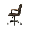 Leatherette Upholstered Metal Swivel Executive Chair with Curved Wooden Armrest, Brown and Black
