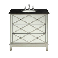 Wooden Framed Mirrored Sink Cabinet with Three Drawers and Marble Top, Black and Silver