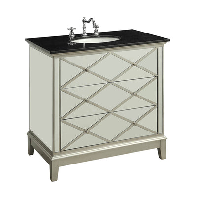 Wooden Framed Mirrored Sink Cabinet with Three Drawers and Marble Top, Black and Silver
