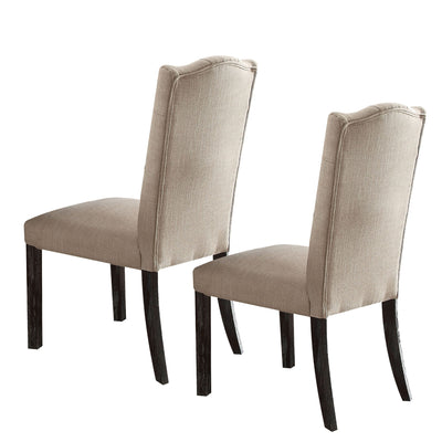 Linen Upholstered Wooden Side Chair with Button Tufting Backrest, Beige and Brown, Set of Two