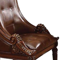 Traditional Faux Leather Upholstered Wooden Side Chair with Polyresin Carvings, Brown, Set of Two