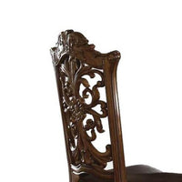 Traditional Faux Leather Upholstered Wooden Side Chair with Scrolled Carvings, Brown, Set of Two