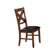 Wooden Side Chair with Faux Leather Padded Seat and X Cross Backrest, Brown, Set of Two
