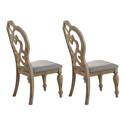 Fabric Upholstered Wooden Side Chair with Cutout Back and Rolled Arms, White and Beige, Set of Two