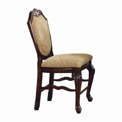 Wooden Counter Height Chair with Fabric Upholstered Seat and Back, Brown and Beige, Set of Two