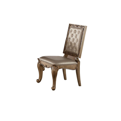 Faux Leather Upholstered Wooden Side Chair with Flared Back Legs, Gold and Brown, Set of Two