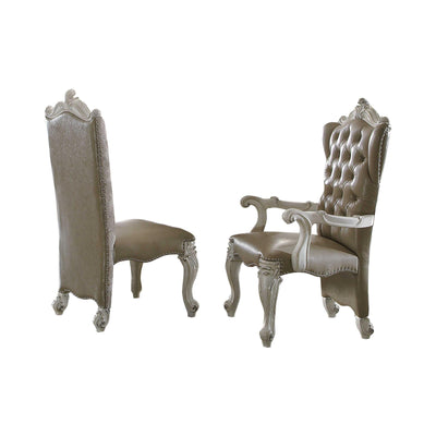 Faux Leather Upholstered Wooden Side Chair with Scrolled Carvings, White, Set of 2