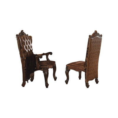 Faux Leather Upholstered Wooden Side Chair with Scrolled Carvings, Brown, Set of 2