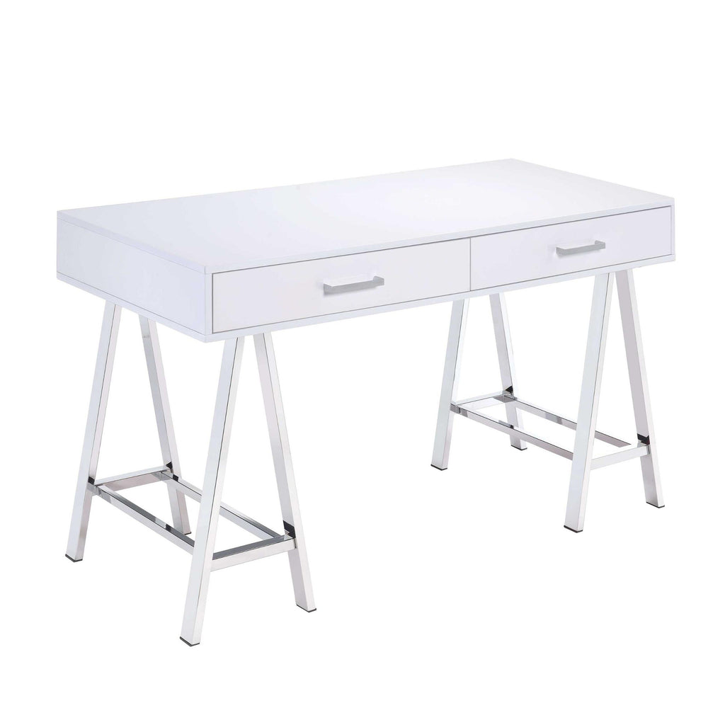 Rectangular Two Drawers Wooden Desk with Saw horse Metal Legs, Silver and White