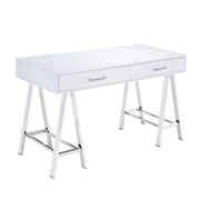 Rectangular Two Drawers Wooden Desk with Saw horse Metal Legs, Silver and White