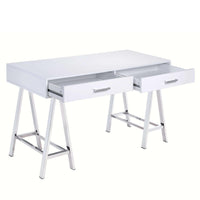 Rectangular Two Drawers Wooden Desk with Saw horse Metal Legs, Silver and White