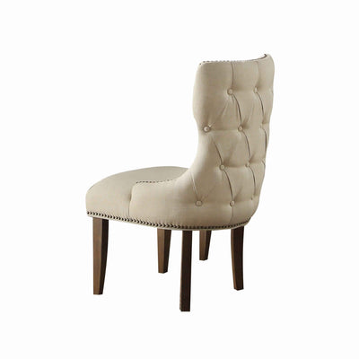 Fabric Upholstered Wooden Wing Back Chair with Nail head Accents, Beige and Brown