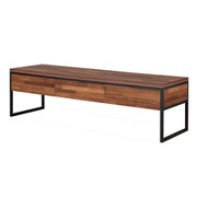 Three Drawers Wooden TV Stand with Metal Base, Walnut Brown and Sandy Black