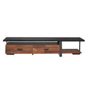 Metal Framed Wooden TV Stand Straight with Two Drawers and Open Shelf, Black and Brown