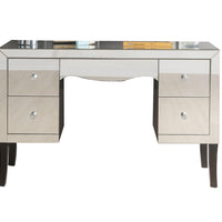 Wooden Framed Mirrored Vanity Desk with Four Drawers and Wavy Apron, Silver