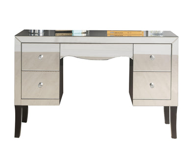 Wooden Framed Mirrored Vanity Desk with Four Drawers and Wavy Apron, Silver