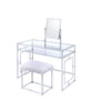 Glass and Metal Vanity Set With Faux Fur Stool, White and Silver