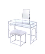 Glass and Metal Vanity Set With Faux Fur Stool, White and Silver