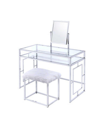 Glass and Metal Vanity Set With Faux Fur Stool, White and Silver