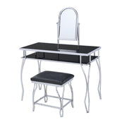 Glass and Metal Vanity Set With Curved Legs and Leatherette Stool