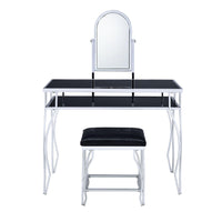 Glass and Metal Vanity Set With Curved Legs and Leatherette Stool