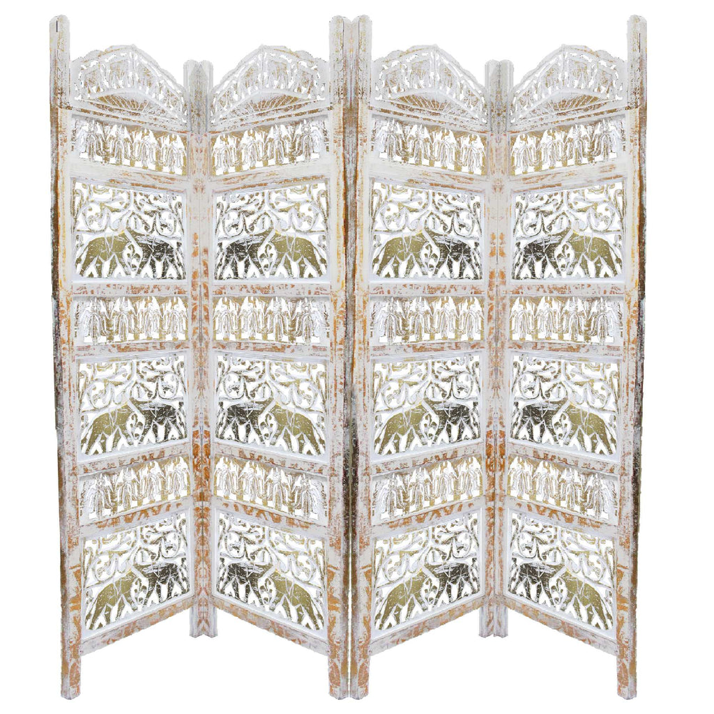 Classic 4 Panel Mango Wood Room Divider with Elephant Carvings, Gold and White