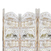 Classic 4 Panel Mango Wood Room Divider with Elephant Carvings, Gold and White