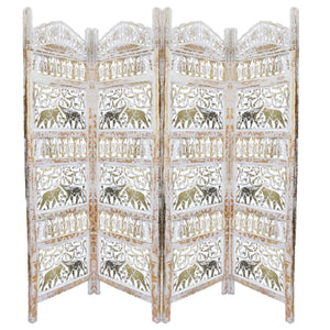 Classic 4 Panel Mango Wood Room Divider with Elephant Carvings, Gold and White