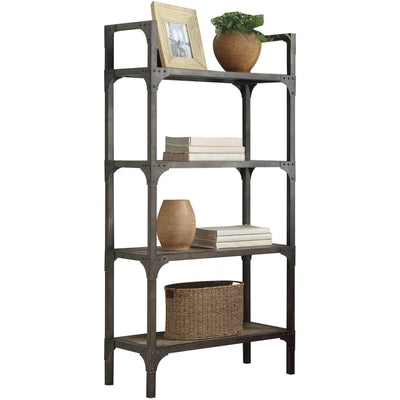 Industrial Style Wooden Metal Bookshelf with Four Wooden Shelves, Oak Brown and Gray