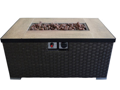 Rectangular Gas Fire Pit Table with Woven Pattern and Metal Lid, Brown