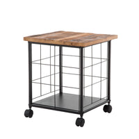 Wood and Metal File Cabinet with Grid Base and Wheels, Brown and Black
