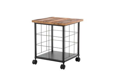 Wood and Metal File Cabinet with Grid Base and Wheels, Brown and Black