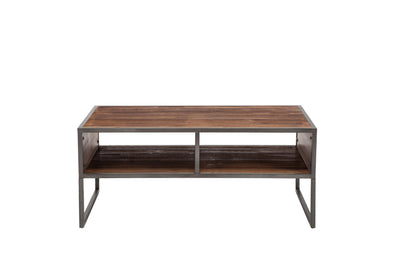 42 Inch Wood and Metal Coffee Table with 2 Compartment, Brown and Gray