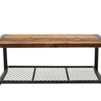 44 Inch Wood and Metal Coffee Table with Mesh Shelf, Brown and Black