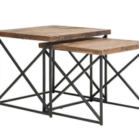 Industrial Wood Nesting Table with Metal Base,Set of 2,Brown and Black