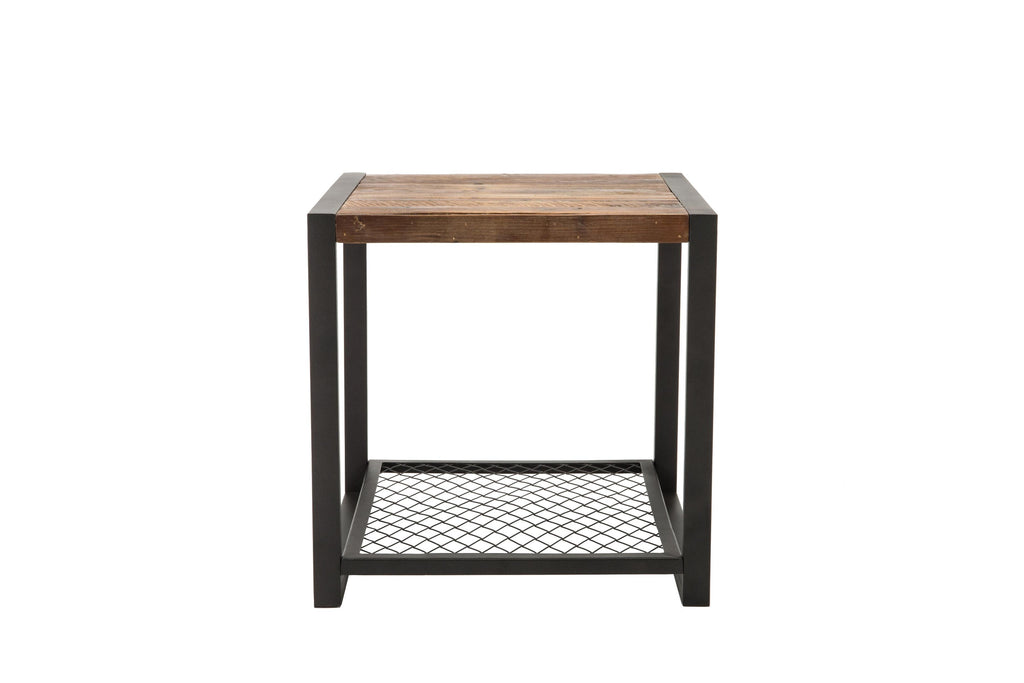 23 Inch Wood and Metal Side Table with Mesh Shelf, Brown and Black