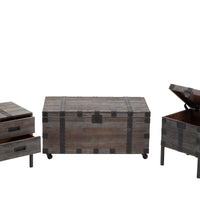 3 Piece Reclaimed Wood and Metal Trunk Table Set, Gray and Black