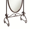 Oval Shaped Metal Cheval Mirror with Scrollwork Base, Brown and Clear