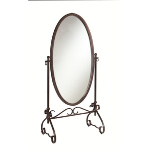 Oval Shaped Metal Cheval Mirror with Scrollwork Base, Brown and Clear