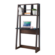Wooden Desk with Four Open Shelves on Top, Dark Brown and Black