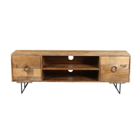 63 Inch Mango Wood TV Cabinet with Spacious Storage, Natural Brown and Black
