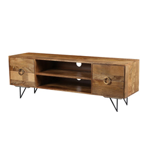 63 Inch Mango Wood TV Cabinet with Spacious Storage, Natural Brown and Black