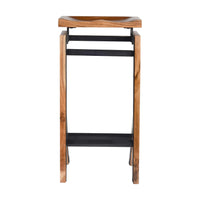 29 Inch Metal Frame Acacia Wood Bar Stool with Saddle Seat, Brown and Black