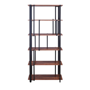 Rectangular Metal Frame Bookshelf with Wooden Space, Walnut Brown and Sandy Black