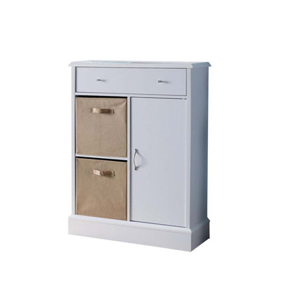 Wooden Storage Cabinet with one Door and Two Bin Compartments, White and Brown
