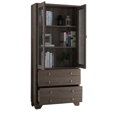 Two Drawers Wooden Book Cabinet with Three Interior Shelves, Taupe Brown