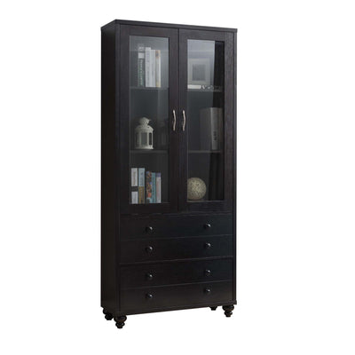 Wooden Book Cabinet with Two Drawers and Two Glass Paneled Door Storage, Red Cocoa Brown