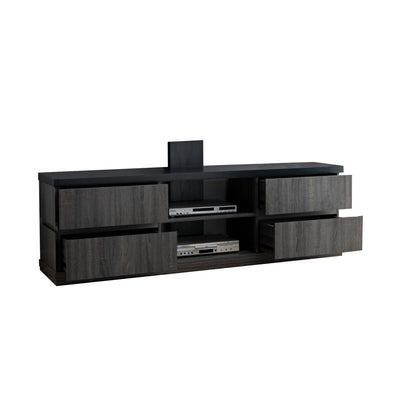 Four Drawers Wooden Tv Stand with Two Open Shelves, Dark Gray and Black