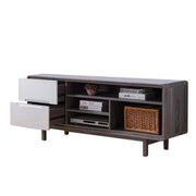 Dual Tone Wooden Tv Stand with Two Drawers and Four Open Shelves, Gray and White